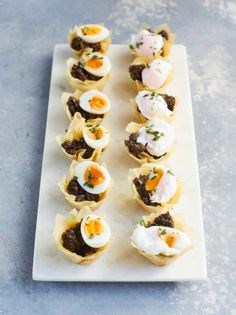Filo tartlets with mushroom duxelles and quails' eggs