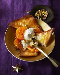 Filo triangles with cardamom, clementine and pistachios 