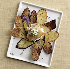 Fingerling potato galettes with chive crème fraîche and smoked trout