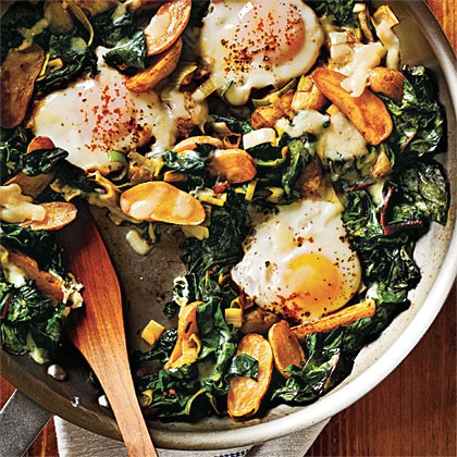 Fingerling potato-leek hash with Swiss chard and eggs