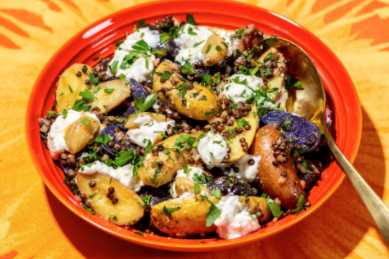 Fingerling potato salad with black lentils and labneh