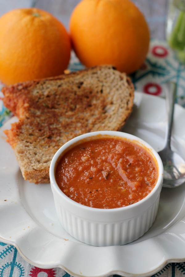 Fire-roasted tomato orange soup with classic grilled cheese