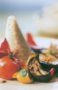 Fire-roasted vegetables with tabil