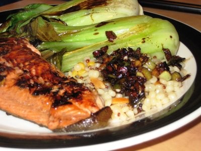 Firecracker salmon and soy-glazed baby bok choy