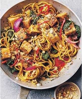 Firecracker tofu noodles with kale & peanuts