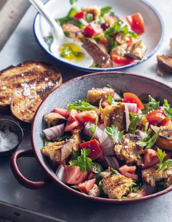 Firepit bread and tomato salad