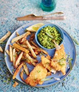Fish & cheat's chips with tarragon mushy peas
