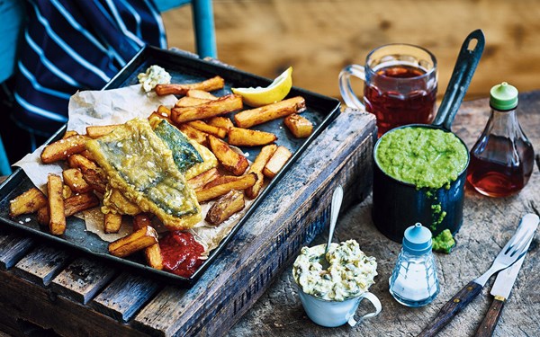 "Fish" & chips with tartare sauce & mushy minted peas
