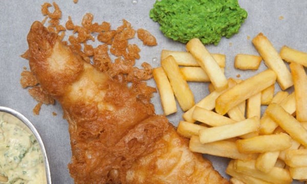 Fish and chips and mushy peas