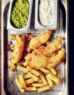 Fish and chips, mushy peas, tartare sauce