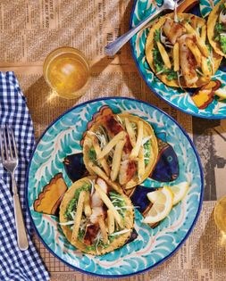 Fish and chips tacos with pea guacamole