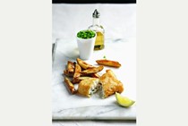 Fish and chips with crushed mushy peas