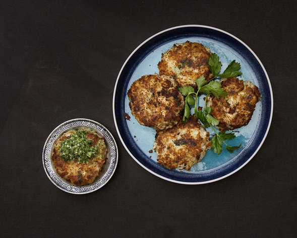Fish and potato tikkis with chile and lime