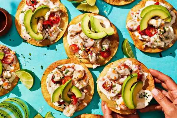 Fish and shrimp ceviche tostadas