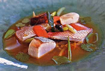 Fish and vegetable soup with lime, ginger, and cilantro