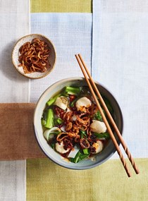 Fish ball, greens and rice noodle soup
