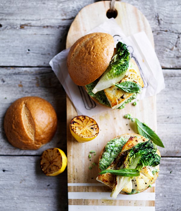 Fish burger with minty pea mayo and charred lettuce