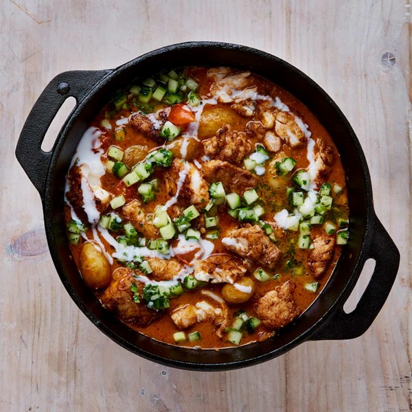Fish butter curry with cucumber and lime salsa