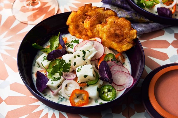 Fish ceviche with patacones