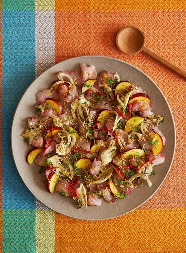 Fish crudo with stone fruit, fennel and chilli