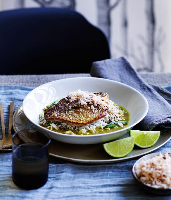 Fish curry with coconut sambal