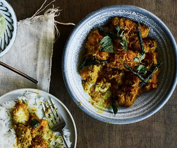 Fish curry with cucumber salad and coriander chutney