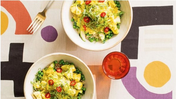 Fish curry with green vegetables and brown rice