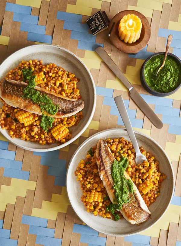 Fish fillets with fregola, 'nduja and corn