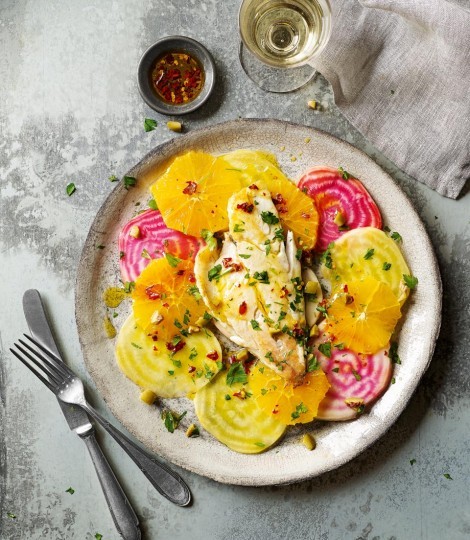 Fish fillets with rainbow beetroot and orange salad