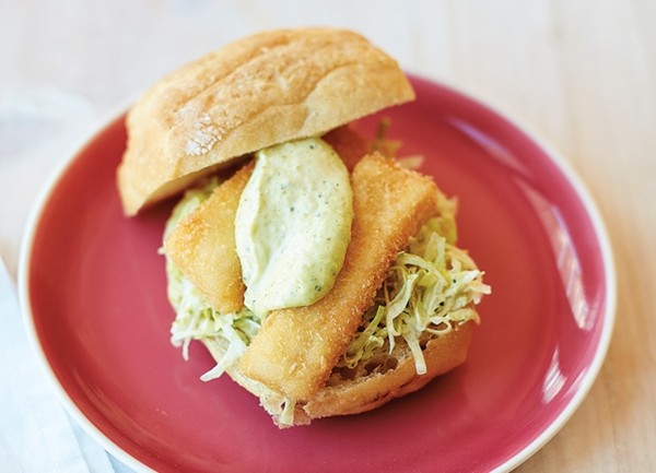 Fish finger roll with pea and mint mayonnaise