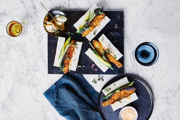 Fish finger sandwich with miso and bacon mayonnaise