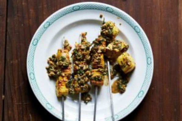 Fish kebabs with Caspian olive and walnut sauce