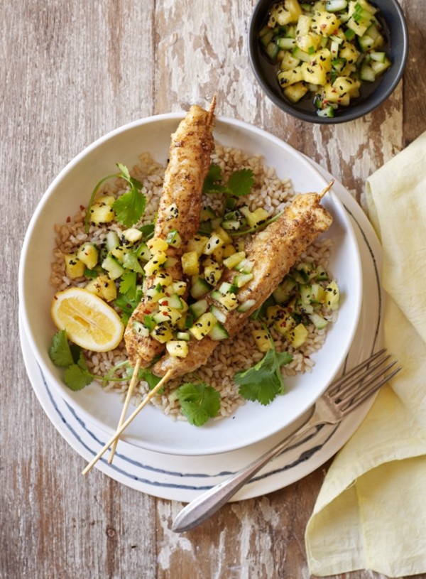 Fish kebabs with pineapple and lime salsa