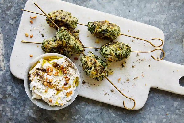 Fish kebabs with preserved lemon and tzatziki