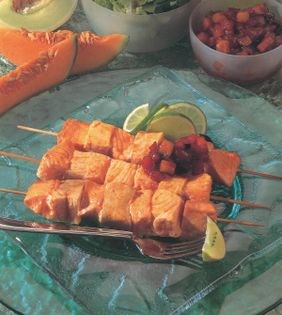 Fish kebabs with pumpkin and zucchini chutney