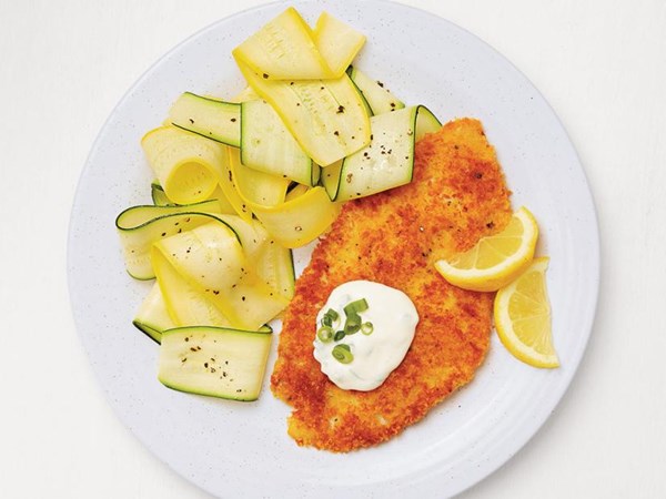 Fish Milanese with summer squash 
