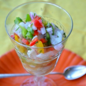 Fish (or scallop) ceviche with confetti peppers, red onion, and cilantro
