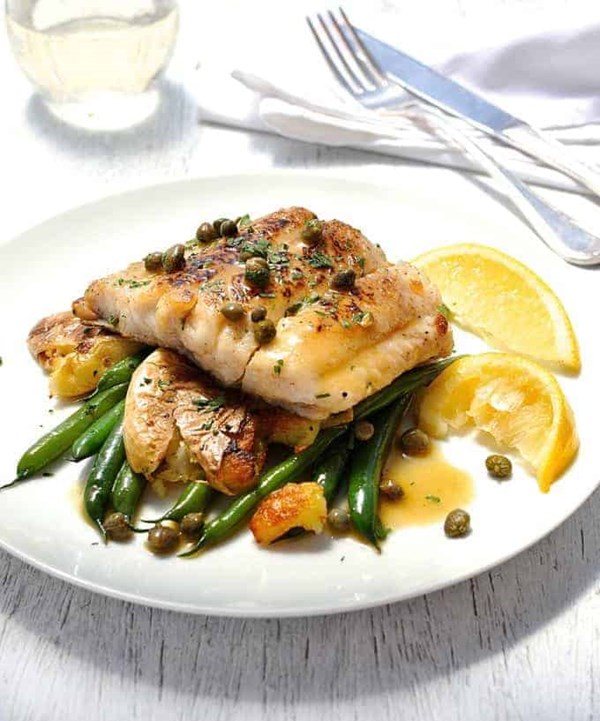 Fish piccata with crispy smashed potatoes 