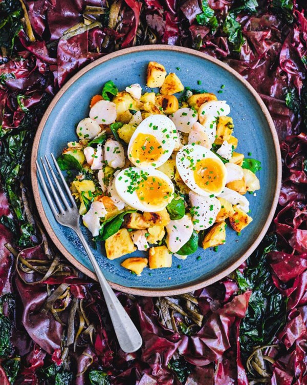 Fish pie hash with soft-boiled eggs