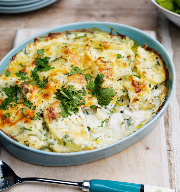 Fish pie with a mushy-pea topping