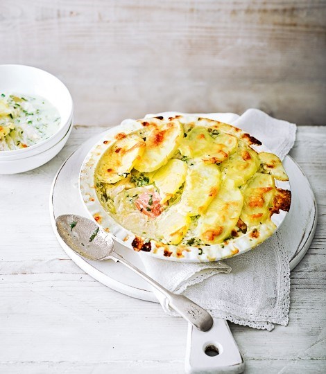 Fish pie with sliced potato topping