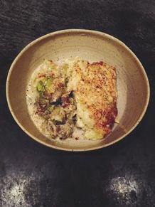 Fish pie with steamed leeks