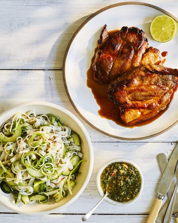 Fish sauce caramel pork with rice noodles and peanut pesto