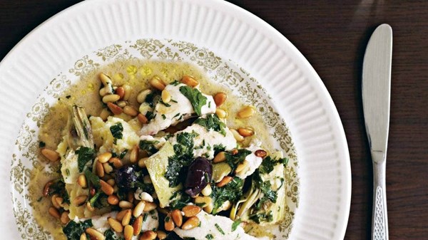 Fish sauté of artichokes, olives and capers with pine nut butter