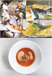 Fish soup with fried squid and sautéed starfish roe