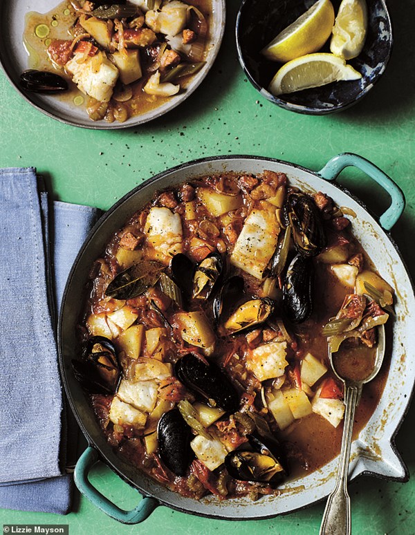 Fish stew with chorizo, bay & tomatoes