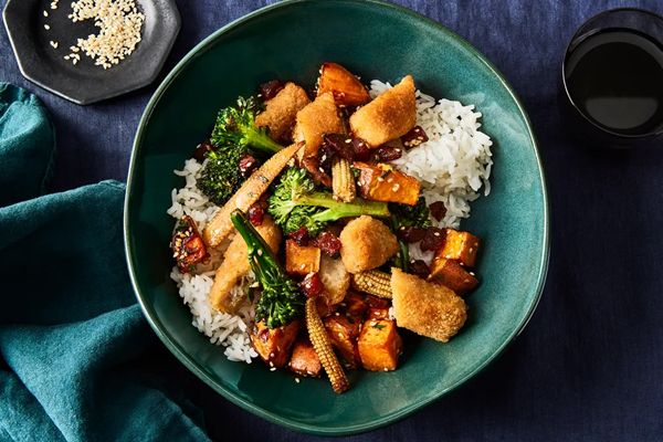 Fish stick stir-fry with lap cheong, sweet potato & broccolini