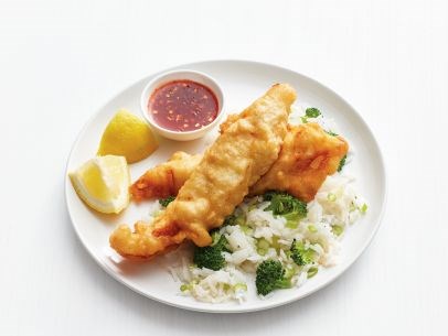 Fish sticks with broccoli rice