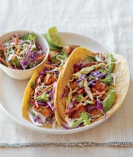 Fish tacos with broccoli slaw and lime cream sauce