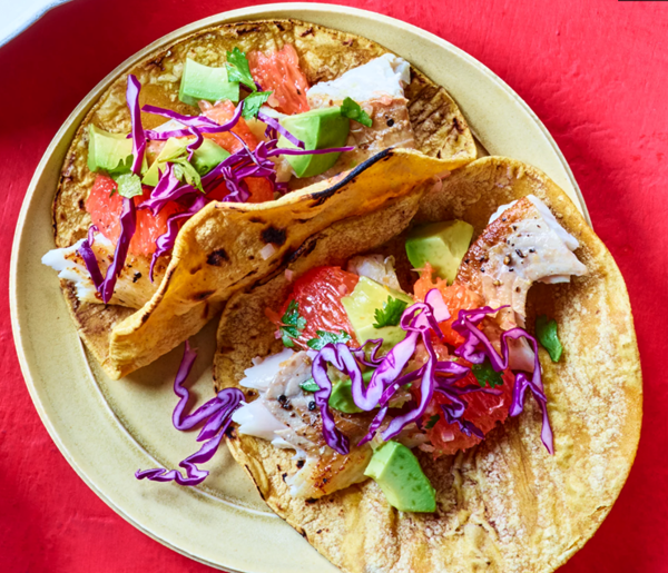 Fish tacos with preserved grapefruit salsa